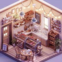 an illustration of a small bakery with lots of food