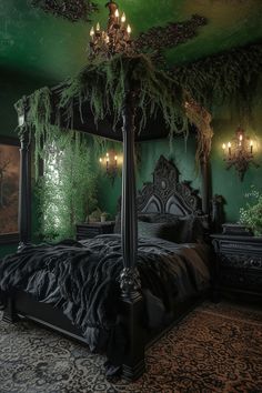 a bedroom with green walls and an elaborate canopy bed covered in mossy plants, surrounded by ornate chandeliers