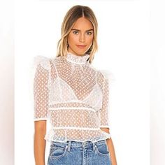 Questions? Leave A Comment Below! White Fitted Mesh Top With Lace Detail, Feminine Off-white Party Top, Feminine Off White Top For Party, Feminine Off White Party Top, Fitted White Lace Mesh Top, White Lace Mesh Top For Party, White Sheer Chic Blouse, Feminine Fitted Mesh Top, Chic White Sheer Blouse