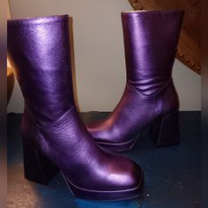 Metallic Purple Leather Ankle Boots Party Platform Boots In Faux Leather Medium Width, Party Platform Boots In Faux Leather, Party Platform Boots With Stacked Heel In Faux Leather, Retro Ankle-high Party Heels, Retro Ankle-high Heels For Parties, Party Square Toe Boots In Faux Leather, Party Faux Leather Boots With Square Toe, Party Square Toe Faux Leather Boots, Party Platform Boots With Stacked Heel