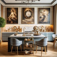 a kitchen with paintings on the wall and two chairs in front of an island counter