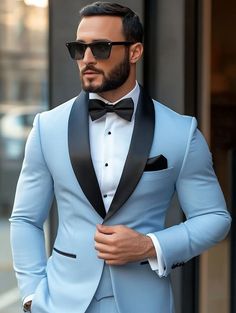 Dark Blue Tuxedo Wedding, Black Men Wedding Suits, Wedding Suits Blue, Light Blue Suit Wedding, Blue Suits For Men, Men Wedding Suits, Navy Suits, Mens Suit Style