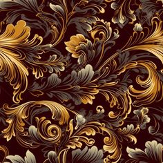 an ornate gold and black wallpaper with swirly leaves on the left hand side