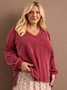 Karina Urban Ribbed Pullover in Burgundy Ribbed V-neck Sweater For Winter Loungewear, Cozy Ribbed V-neck Long Sleeve Sweater, Spring Ribbed V-neck Sweater For Loungewear, Ribbed Sweatshirt For Loungewear, Cozy Stretch Ribbed Tops, Textured Knit Top For Loungewear, Long Sleeve Waffle Knit Sweatshirt For Fall, Fall Waffle Knit Long Sleeve Sweatshirt, Ribbed Sweatshirt For Fall Loungewear