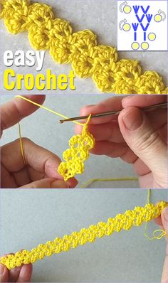 the crochet stitch is being worked on with scissors and yarn, while another photo shows