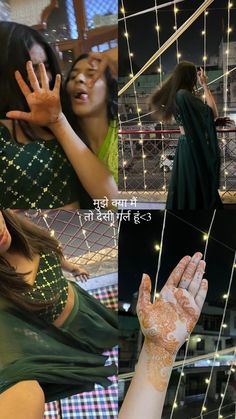 two girls with henna on their hands and one holding her hand up to the camera