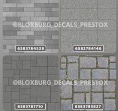 four different types of brick tiles in various sizes and colors, with the words bloxburg decals pretox on them