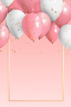 pink and white balloons with gold confetti in front of a light pink background