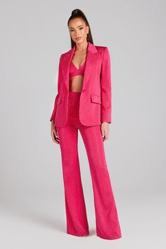 DESCRIPTION & FEATURES Have all eyes on you in the KIRA Hot Pink Trousers. Crafted from our exclusively designed crepe fabric with shimmering crystal embellishments. Why not pair with our KIRA Hot Pink Blazer and KIRA Hot Pink Bra Top to complete the look? - Made from our exclusive crepe with crystal embellishment- Figure skimming cut with a wide leg hem-Pair with the matching Blazer and Bra Top SIZE & FIT INFORMATION - Item runs to our size chart. Please refer here for the best fit. - Model is Hot Pink Trousers, Pink Bra Top, Hot Pink Blazer, Hot Pink Pants, Hot Pink Bra, Hot Pink Blazers, Gold Blazer, Hot Pink Tops, Pink Trousers