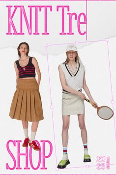 two women in skirts holding tennis rackets, and the words knit trend shop below them