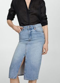 Denim midi-skirt -  Women | Mango USA Design Loop, Denim Skirt Outfits, Midi Denim, Mango Outlet, Denim Style, Denim Midi Skirt, Jeans Rock, Women Skirts Midi, Skirt Outfits