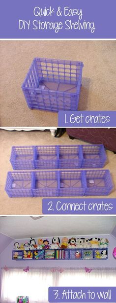 the instructions for how to make a diy storage shelf with plastic crates and other items