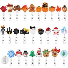 a bunch of christmas themed items are hanging on the clothes pegs in front of a white background