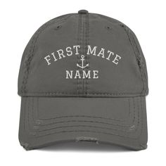 "Personalized First Mate Hat, Custom Baseball Cap, Nautical Distressed Dad Hat, Embroidered Sailor Hat, Fun Gift For Sailing Get a massive discount on these \"Personalized First Mate Hat\" Expand your headwear collection with this fashionable dad hat. With a slightly distressed brim and crown fabric, it'll add just the right amount of edge to your look. For a quick and easy outfit pair it with slacks, your favorite jeans, and a sports tee. * 100% pre-shrunk cotton twill * Soft crown * 6 sewn eye Nautical Style Cap For Boating, Nautical Cap For Boating, Casual Boating Cap, Nautical Hat With Adjustable Fit And Curved Brim, Nautical Hat With Adjustable Curved Brim, Navy Nautical Beach Hat, Nautical Navy Beach Hat, Nautical Style Beach Hat With Curved Brim, Nautical Beach Hat With Curved Brim