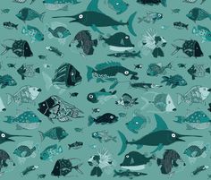 many different types of fish are depicted in this blue and green wallpaper pattern,