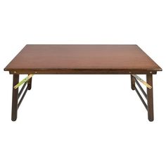 a wooden table with two legs and a square top on white background, side view