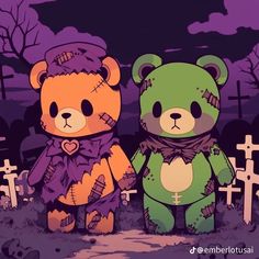 two teddy bears standing next to each other in front of crosses and tombstones at night