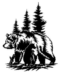 a bear and her cub are in the woods by some pine trees, one is black and white