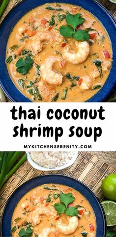 thai coconut shrimp soup in a blue bowl with limes and cilantro on the side