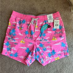 Party Pants Swim Shorts. Unlined. New With Tags. Please See Photos For Details And Rough Measurements. Thank You. Pink Bermuda Bottoms With Relaxed Fit, Pink Relaxed Fit Bermuda Bottoms, Casual Cotton Bottoms For Holiday, Pink Pants With Elastic Waistband For Beach Season, Fitted Bottoms For Summer Holiday, Spring Vacation Bermuda Pants, Bermuda Pants For Spring Vacation, Pink Stretch Swim Trunks For Spring, Stretch Pink Swim Trunks For Spring