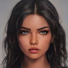 a digital painting of a woman's face with long hair and blue eyes,