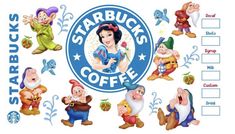 snow white and the seven dwarfs starbuck's coffee sign with characters around it