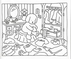 a black and white drawing of a teddy bear looking at clothes in a closet,