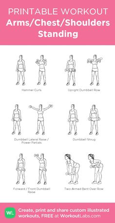 the printable workout arms / chest / shoulders standing chart is shown in black and white