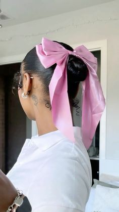 Messy Bun With Chopsticks, Hair Bow Hairstyle Black Women, Bun Bow Hairstyle, Bow Hairstyle Natural Hair, Hairstyles With Bows Black Women, Bow Hairstyle Black Women, Bun With Bow, Affordable Makeup Products, Best Haircuts For Women