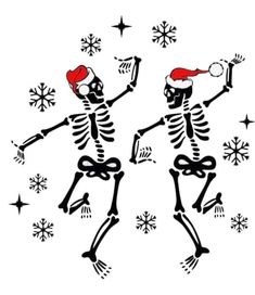 two skeletons dancing in the snow with santa hats on