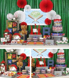 a baseball themed dessert table with red, white and blue decorations