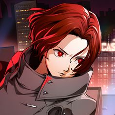 a woman with red eyes standing in front of a cityscape