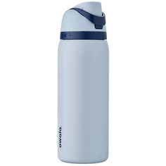 a white and blue water bottle on a white background