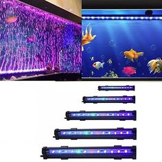 four different types of fish tank lights in front of an aquarium with blue and purple lighting