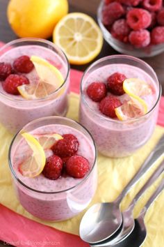 three glasses filled with raspberry lemonade pudding