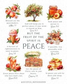 the fruit of the spirit is peace poster with peaches, apples and other fruits