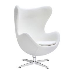 an egg chair with white upholstered fabric and chrome legs, viewed from the front