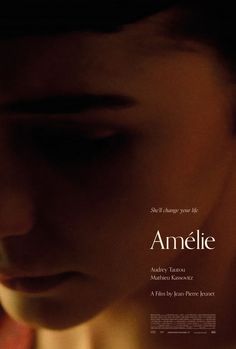 the poster for an upcoming film called amelie, which features a woman's face with her eyes closed