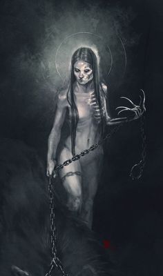 a woman with long hair is chained to chains