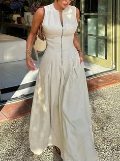 Urban Stand Collar Sleeveless Maxi Dress | stylewe Street Dress, Dress Women Elegant, Linen Maxi Dress, Patchwork Dress, Dress Zipper, Types Of Dresses, Sleeveless Maxi Dress, Modest Outfits, Belted Dress