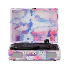 an old record player in a case with colorful paint on the back and white background