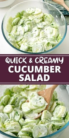 cucumber salad in a glass bowl with a wooden spoon next to it and the words quick & creamy cucumber salad