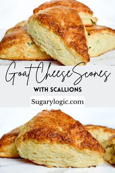 A pile of Goat Cheese Scones with Scallions Breakfast Bread Savory, Savory Scones Recipe Easy, Gourmet Scones, Goat Cheese Scones, Recipes With Goat Cheese, Goat Cheese Muffins, Savory Baked Goods, Savory Scones Recipe