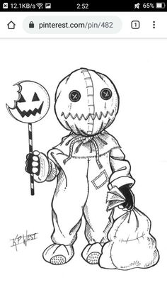 a drawing of a creepy doll holding a pumpkin