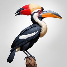 a colorful bird perched on top of a tree branch next to a gray sky background