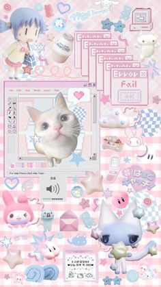 an image of a cat surrounded by stickers and other items on a pink checkered background