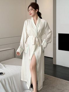 Satin Jacquard Long Contrasting Stripe Decorative Bathrobe White   Long Sleeve Woven Fabric Plain  Non-Stretch All Women Sleep & Lounge, size features are:Bust: ,Length: ,Sleeve Length: Elegent Womens Robe, Beautiful Night Robes, Korean Dressing, Langer Mantel, Cute Cardigans, Women's Robe, Winter Stil, Casual Cardigans, Womens Tie