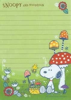 a notepad with a cartoon dog and mushroom on it