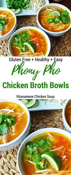 chicken broth bowl soup recipe with text overlay that reads gluten free and healthy easy pho