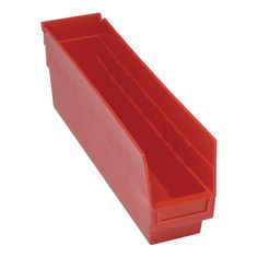 a red plastic bin with dividers on the bottom and sides for storing small items